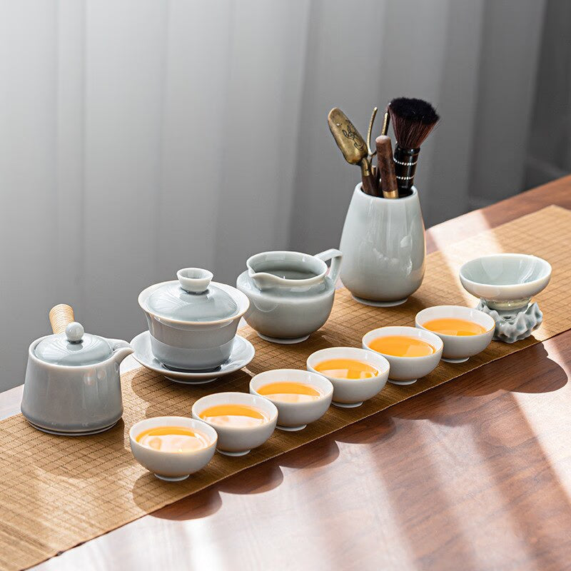 Ice Grey Glaze Kung Fu Tea Set Home Office Ceramic Teapot Handle Tea Cup Tea Tray Plant Grey Tea Pot and Cup Set Luxury Tea Set acacuss