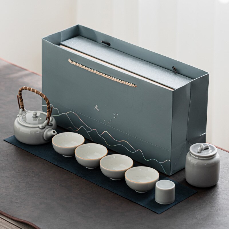 Ice Grey Glaze Kung Fu Tea Set Home Office Ceramic Teapot Handle Tea Cup Tea Tray Plant Grey Tea Pot and Cup Set Luxury Tea Set acacuss