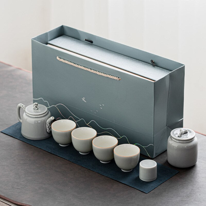Ice Grey Glaze Kung Fu Tea Set Home Office Ceramic Teapot Handle Tea Cup Tea Tray Plant Grey Tea Pot and Cup Set Luxury Tea Set acacuss