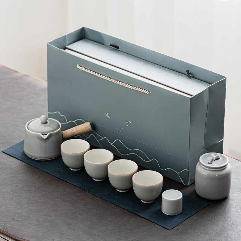 Ice Grey Glaze Kung Fu Tea Set Home Office Ceramic Teapot Handle Tea Cup Tea Tray Plant Grey Tea Pot and Cup Set Luxury Tea Set acacuss