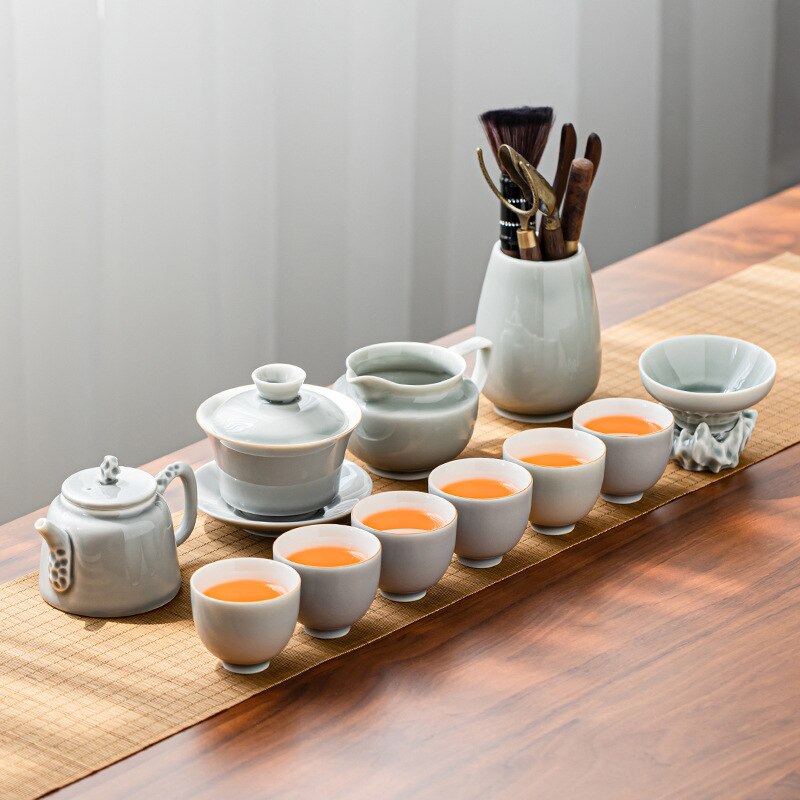 Ice Grey Glaze Kung Fu Tea Set Home Office Ceramic Teapot Handle Tea Cup Tea Tray Plant Grey Tea Pot and Cup Set Luxury Tea Set acacuss
