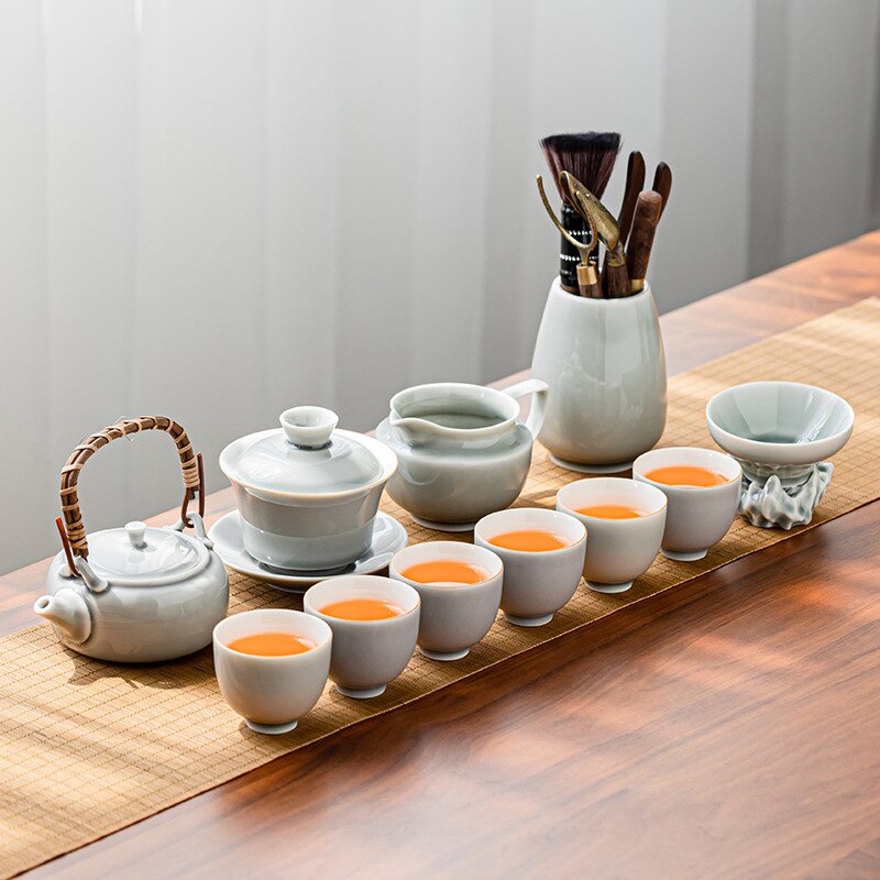 Ice Grey Glaze Kung Fu Tea Set Home Office Ceramic Teapot Handle Tea Cup Tea Tray Plant Grey Tea Pot and Cup Set Luxury Tea Set acacuss