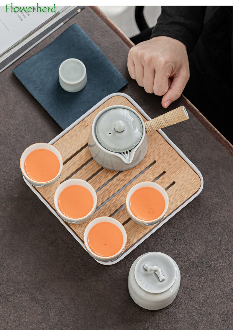 Ice Grey Glaze Kung Fu Tea Set Home Office Ceramic Teapot Handle Tea Cup Tea Tray Plant Grey Tea Pot and Cup Set Luxury Tea Set acacuss