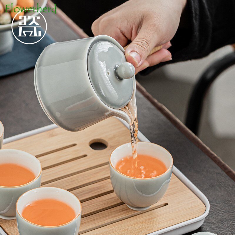 Ice Grey Glaze Kung Fu Tea Set Home Office Ceramic Teapot Handle Tea Cup Tea Tray Plant Grey Tea Pot and Cup Set Luxury Tea Set acacuss