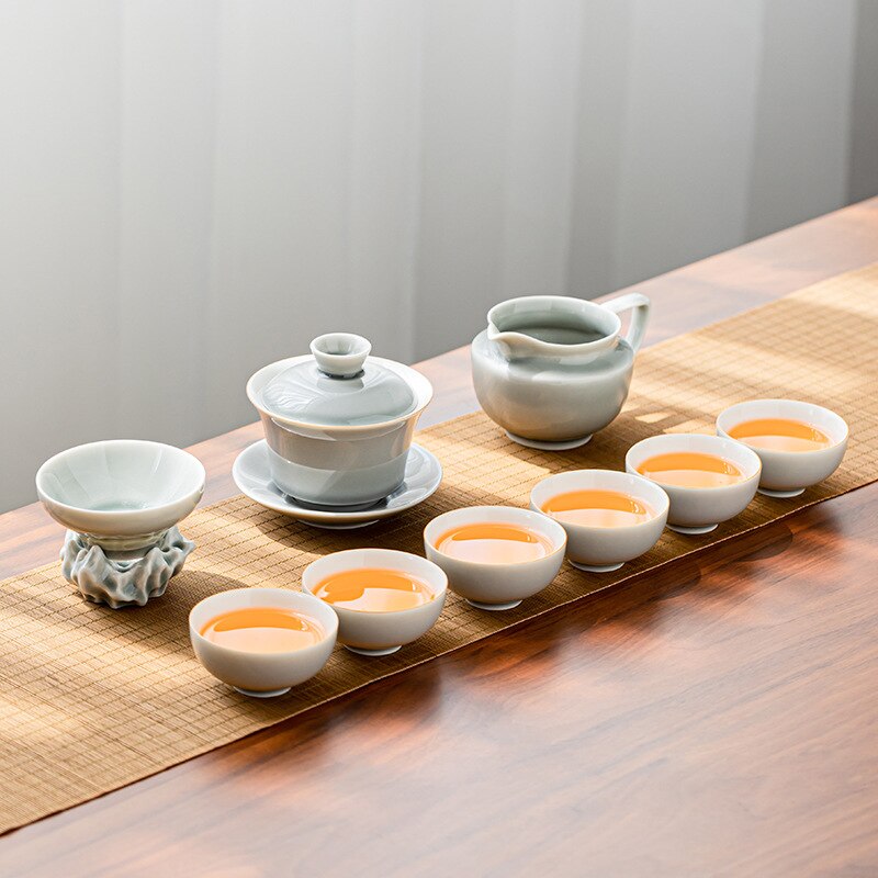 Ice Grey Glaze Kung Fu Tea Set Home Office Ceramic Teapot Handle Tea Cup Tea Tray Plant Grey Tea Pot and Cup Set Luxury Tea Set acacuss