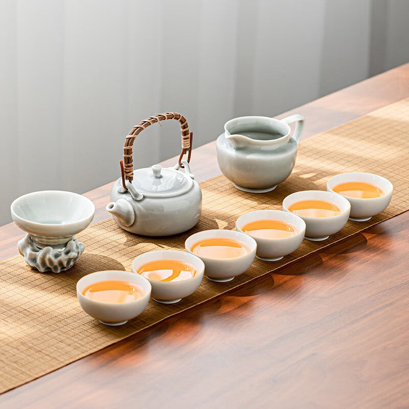 Ice Grey Glaze Kung Fu Tea Set Home Office Ceramic Teapot Handle Tea Cup Tea Tray Plant Grey Tea Pot and Cup Set Luxury Tea Set acacuss