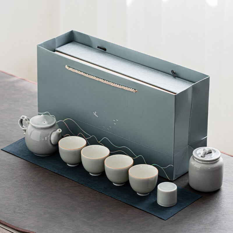 Ice Grey Glaze Kung Fu Tea Set Home Office Ceramic Teapot Handle Tea Cup Tea Tray Plant Grey Tea Pot and Cup Set Luxury Tea Set acacuss