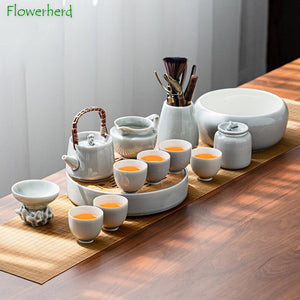 Ice Grey Glaze Kung Fu Tea Set Home Office Ceramic Teapot Handle Tea Cup Tea Tray Plant Grey Tea Pot and Cup Set Luxury Tea Set acacuss