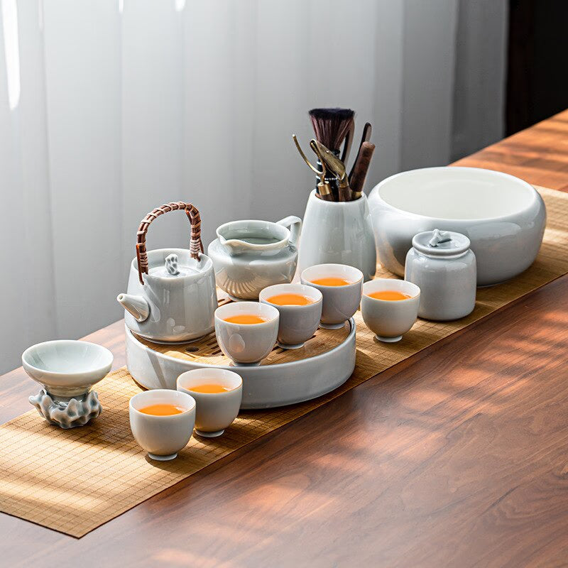 Ice Grey Glaze Kung Fu Tea Set Home Office Ceramic Teapot Handle Tea Cup Tea Tray Plant Grey Tea Pot and Cup Set Luxury Tea Set acacuss