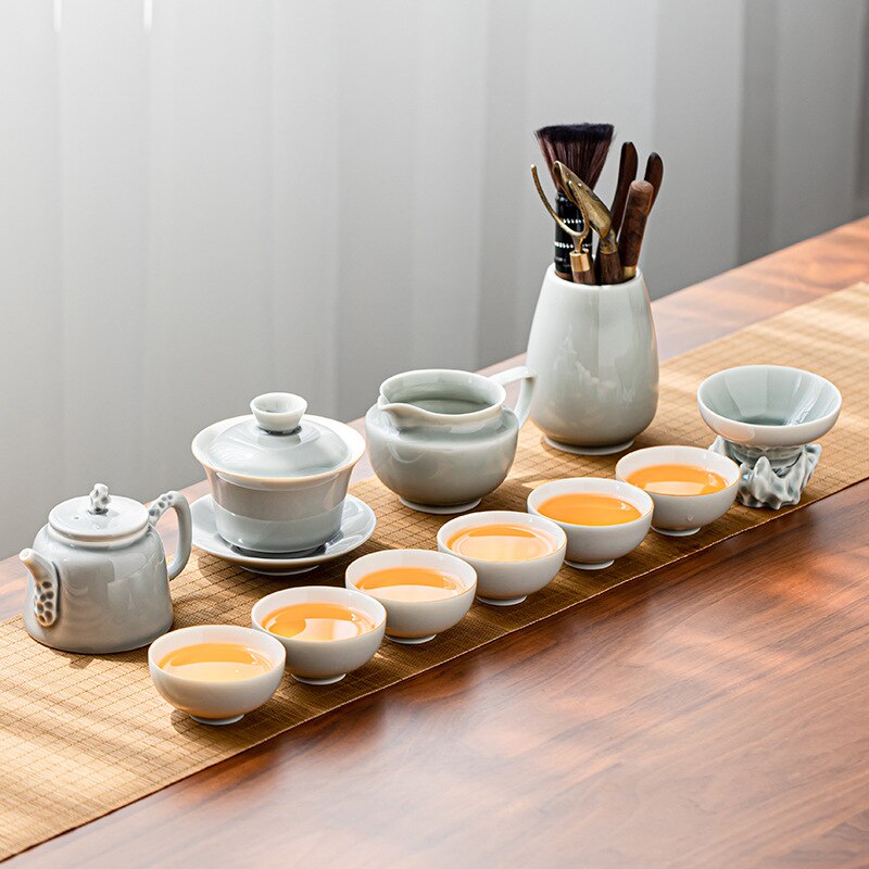 Ice Grey Glaze Kung Fu Tea Set Home Office Ceramic Teapot Handle Tea Cup Tea Tray Plant Grey Tea Pot and Cup Set Luxury Tea Set acacuss