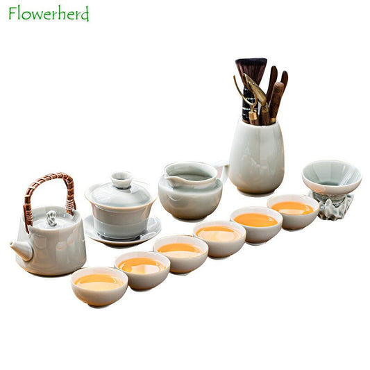 Ice Grey Glaze Kung Fu Tea Set Home Office Ceramic Teapot Handle Tea Cup Tea Tray Plant Grey Tea Pot and Cup Set Luxury Tea Set acacuss