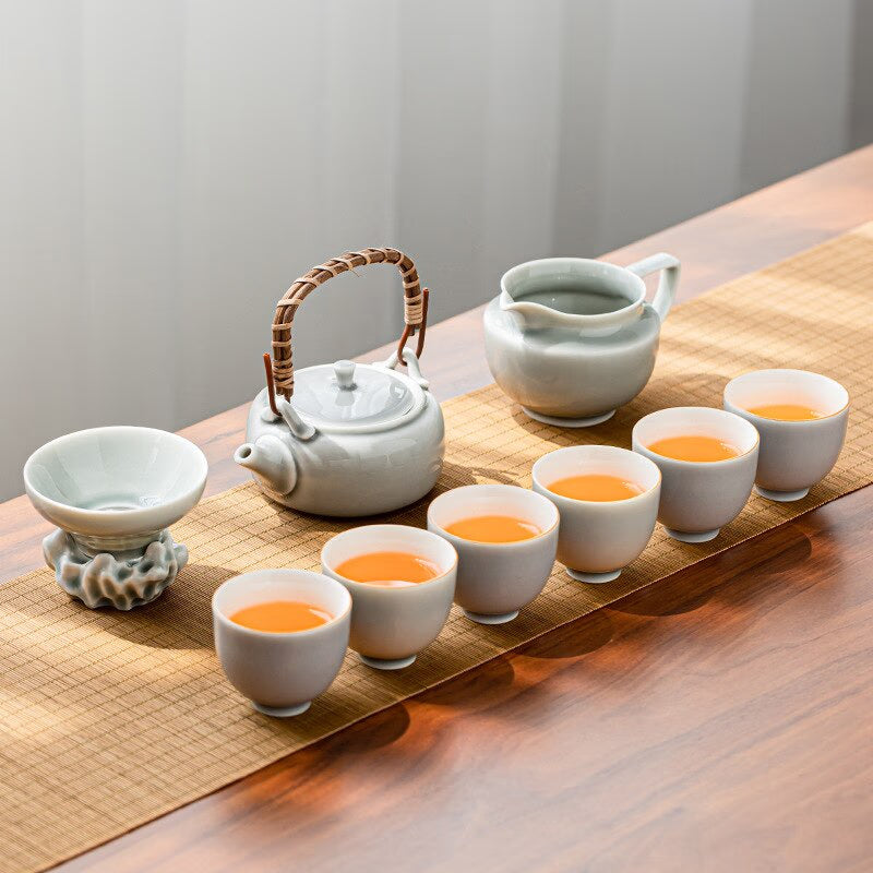 Ice Grey Glaze Kung Fu Tea Set Home Office Ceramic Teapot Handle Tea Cup Tea Tray Plant Grey Tea Pot and Cup Set Luxury Tea Set acacuss