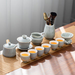Ice Grey Glaze Kung Fu Tea Set Home Office Ceramic Teapot Handle Tea Cup Tea Tray Plant Grey Tea Pot and Cup Set Luxury Tea Set acacuss