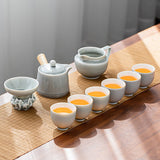 Ice Grey Glaze Kung Fu Tea Set Home Office Ceramic Teapot Handle Tea Cup Tea Tray Plant Grey Tea Pot and Cup Set Luxury Tea Set acacuss