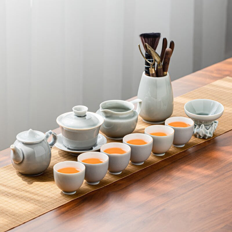 Ice Grey Glaze Kung Fu Tea Set Home Office Ceramic Teapot Handle Tea Cup Tea Tray Plant Grey Tea Pot and Cup Set Luxury Tea Set acacuss