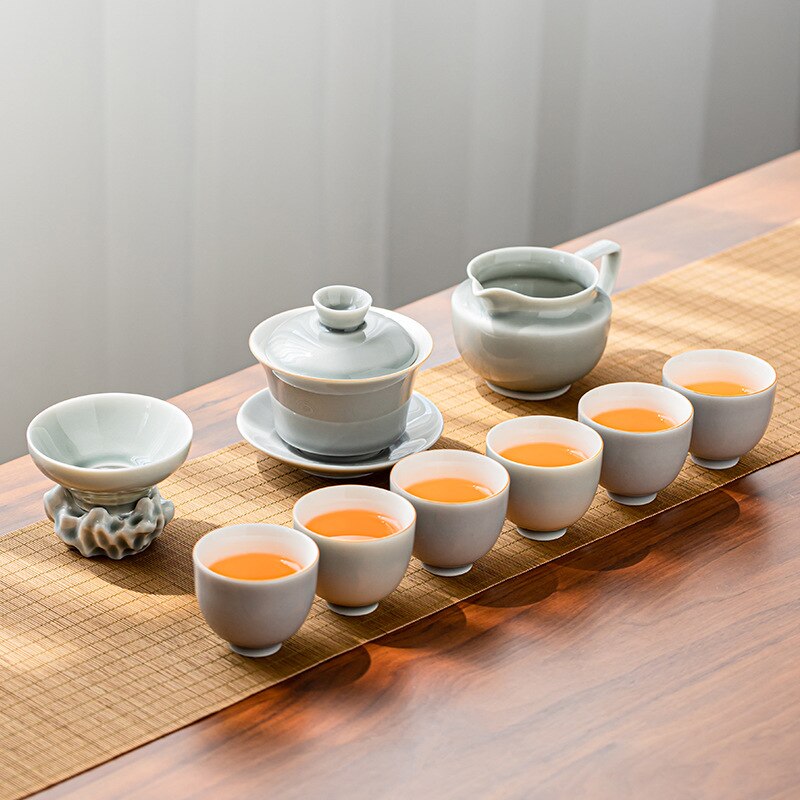 Ice Grey Glaze Kung Fu Tea Set Home Office Ceramic Teapot Handle Tea Cup Tea Tray Plant Grey Tea Pot and Cup Set Luxury Tea Set acacuss