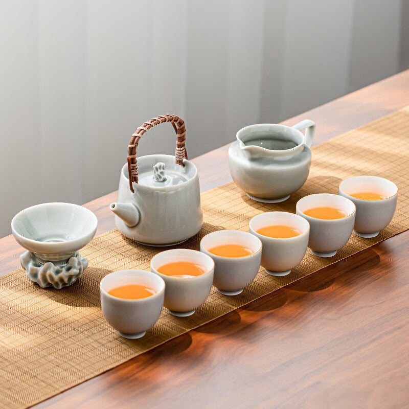 Ice Grey Glaze Kung Fu Tea Set Home Office Ceramic Teapot Handle Tea Cup Tea Tray Plant Grey Tea Pot and Cup Set Luxury Tea Set acacuss