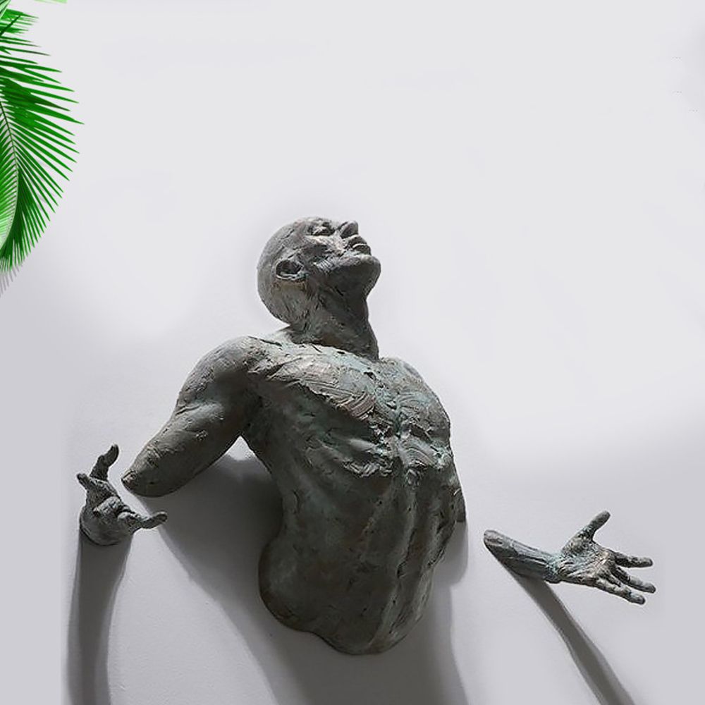 Imitation Copper Resin Ornament Abstract Character Wall Art Climbing Man 3D Through Wall Statue Sculpture acacuss