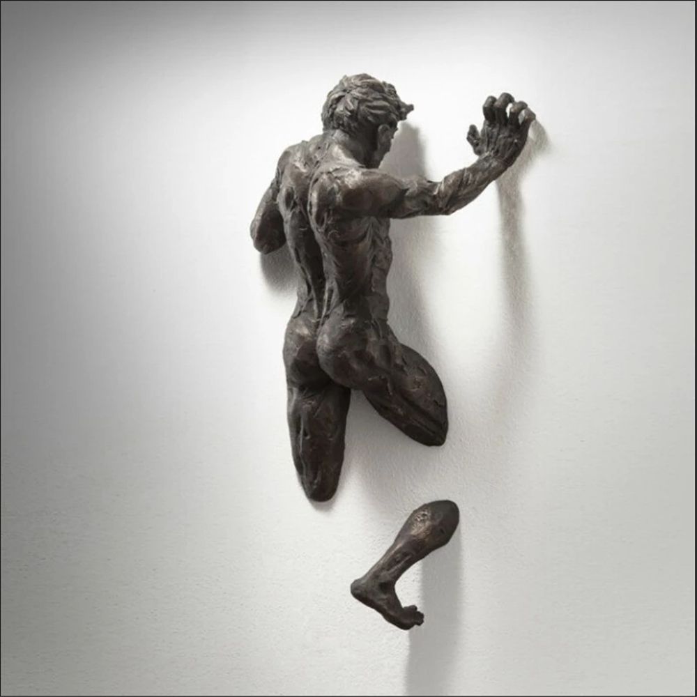 Imitation Copper Resin Ornament Abstract Character Wall Art Climbing Man 3D Through Wall Statue Sculpture acacuss