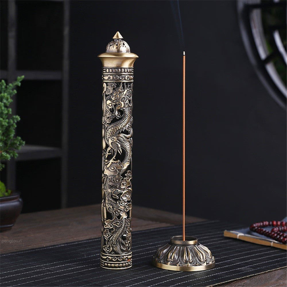 Incense Burner Retro Vertical Relief Craft Hollow Carving Dragon Phoenix Pillar Spice Incense Holder Office Home Accessories acacuss