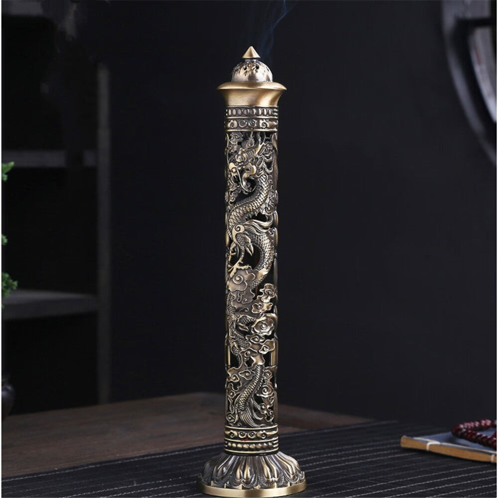 Incense Burner Retro Vertical Relief Craft Hollow Carving Dragon Phoenix Pillar Spice Incense Holder Office Home Accessories acacuss