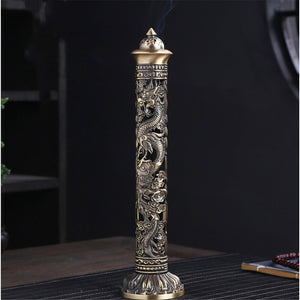 Incense Burner Retro Vertical Relief Craft Hollow Carving Dragon Phoenix Pillar Spice Incense Holder Office Home Accessories acacuss