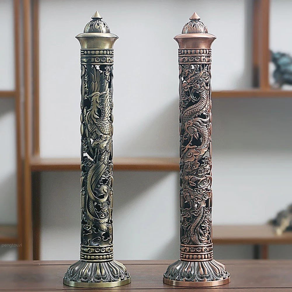 Incense Burner Retro Vertical Relief Craft Hollow Carving Dragon Phoenix Pillar Spice Incense Holder Office Home Accessories acacuss