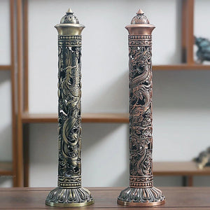 Incense Burner Retro Vertical Relief Craft Hollow Carving Dragon Phoenix Pillar Spice Incense Holder Office Home Accessories acacuss