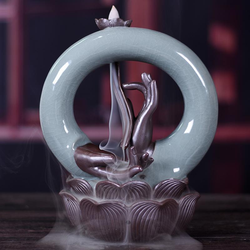 Incense Holder Buddha Hand Smoke Backflow Ornament Buddhism Bergamot Incense Burner Ceramic Smoke Waterfall Censer Cones Decor acacuss