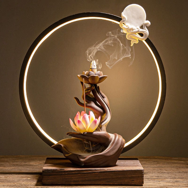 ACACUSS Ceramic Lotus Incense Burner Led Lamp BackFlow Incense Porch  Decoration Ceramic Lamp Ring Bergamot Lotus Heart - ACACUSS