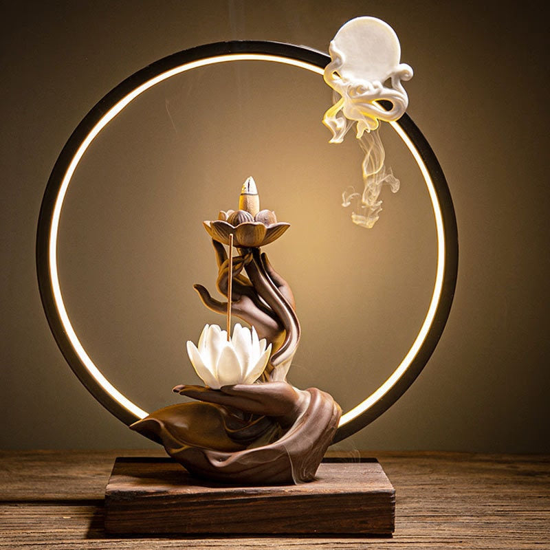 ACACUSS Ceramic Lotus Incense Burner Led Lamp BackFlow Incense Porch  Decoration Ceramic Lamp Ring Bergamot Lotus Heart - ACACUSS