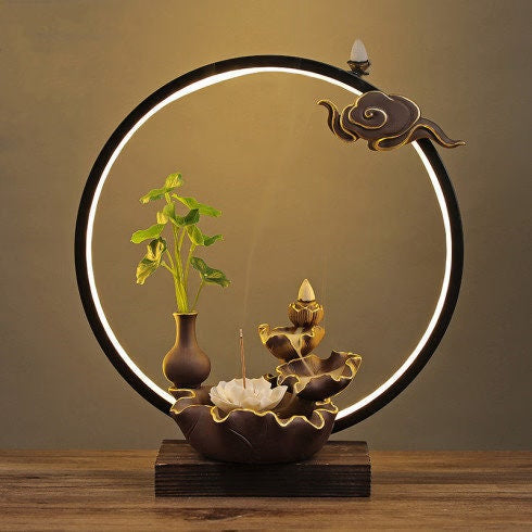 ACACUSS Ceramic Lotus Incense Burner Led Lamp BackFlow Incense Porch  Decoration Ceramic Lamp Ring Bergamot Lotus Heart - ACACUSS