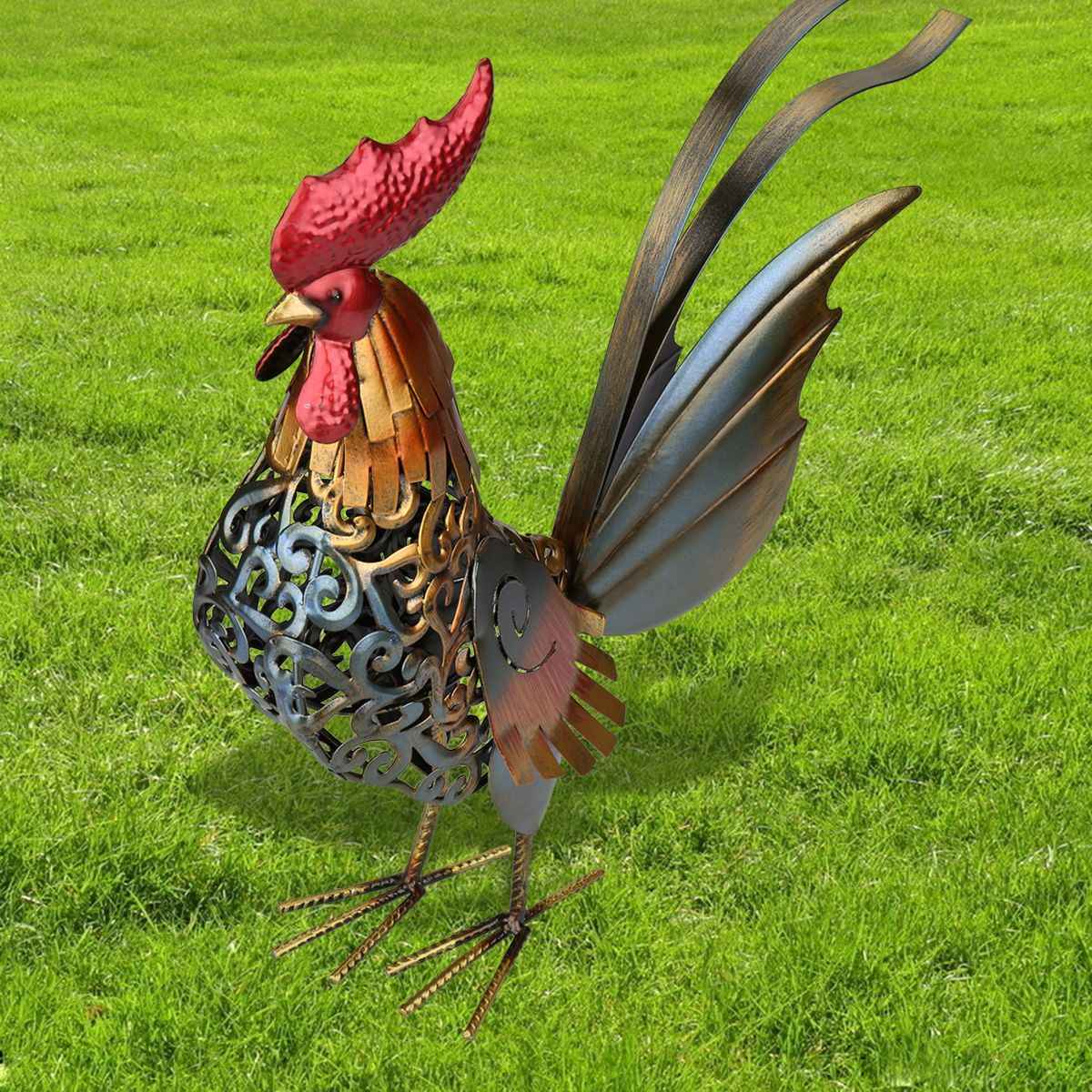 Iron Chicken Figure Cockerel Statues Sculptures Seater Outdoor Backyard Decor Rooster Figurines Garden Ladder Art Crafts acacuss