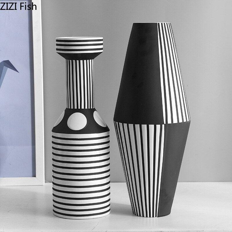 Irregular Black White Striped Vase Flower Arrangement Container Countertop Ceramic Hydroponic Flower Vase Home Decoration Crafts acacuss