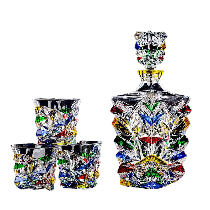 Italian Craft Colorful Hand-painted Wine Jug Relief Carving Whisky Glass Decanter Lead-free Crystal Glass Wine Bottle Set 1000ML acacuss