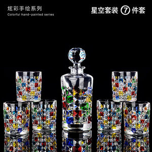 Italian Craft Colorful Hand-painted Wine Jug Relief Carving Whisky Glass Decanter Lead-free Crystal Glass Wine Bottle Set 1000ML acacuss
