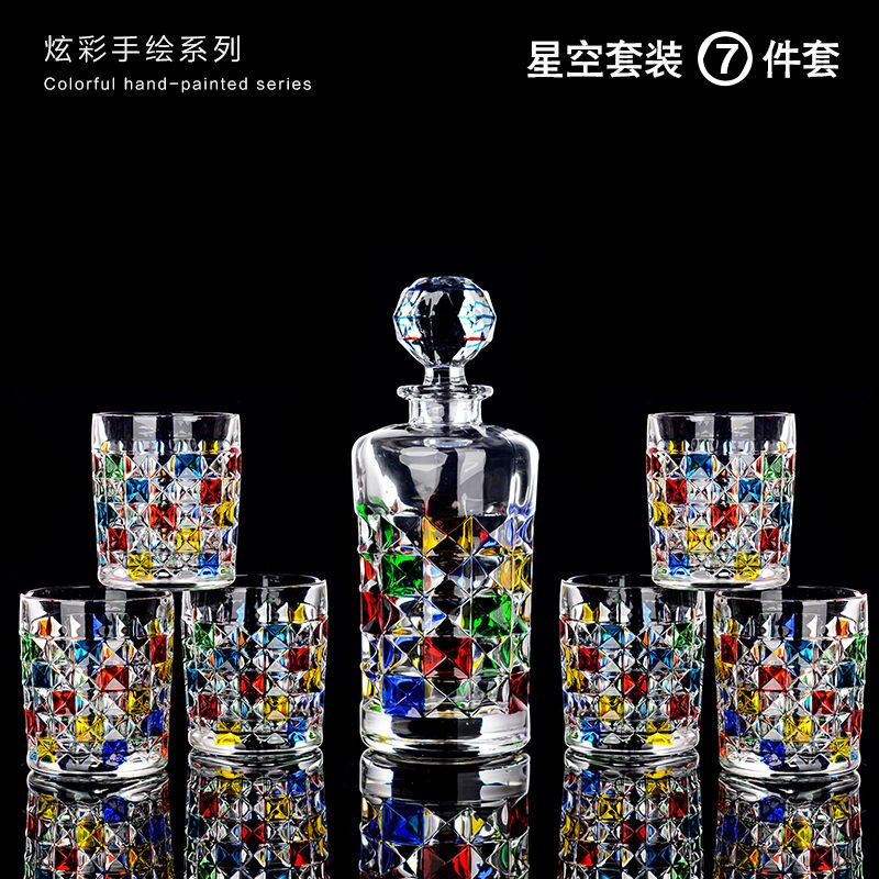 Italian Craft Colorful Hand-painted Wine Jug Relief Carving Whisky Glass Decanter Lead-free Crystal Glass Wine Bottle Set 1000ML acacuss