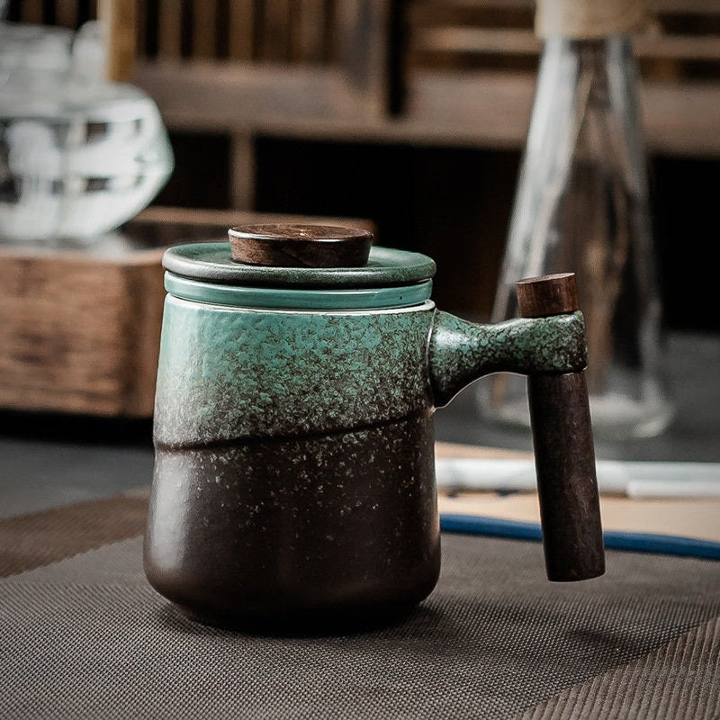 ACACUSS coffee mug Japanese Ceramic Tea Cup with Infuser Tea Cup With Lid Tea Separation Filter Water Ceramic Mountain Pottery Tea mug 450ml - ACACUSS