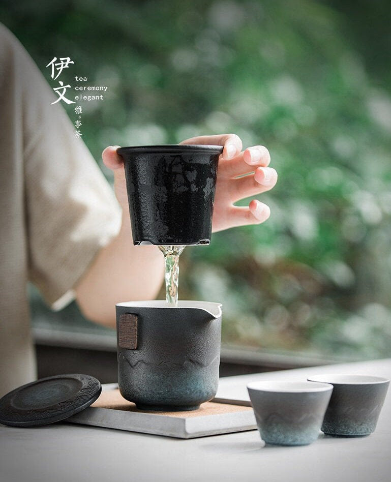 ACACUSS Ceramic Portable Travel Tea Set Outdoor Kung Fu Tea  I Japanese Ceramic Tea Cup with Infuser  I Mountain Pottery  Tea mug 450ml - ACACUSS
