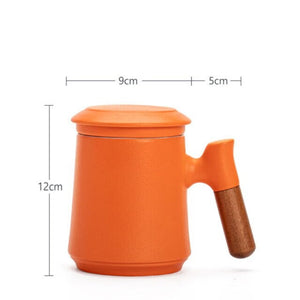 ACACUSS Japanese Ceramic Tea mug Set with Infuser and Lid Handmade Personalization Wooden Handle Filtered Tea Mountain Pottery Tea mug 450ml - ACACUSS