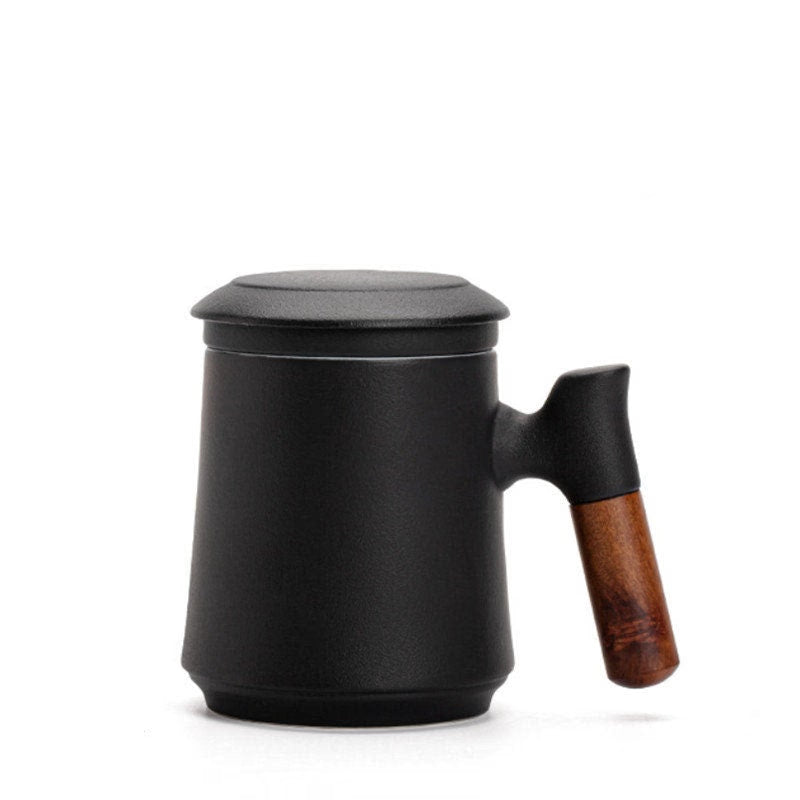 ACACUSS Japanese Ceramic Tea mug Set with Infuser and Lid Handmade Personalization Wooden Handle Filtered Tea Mountain Pottery Tea mug 450ml - ACACUSS