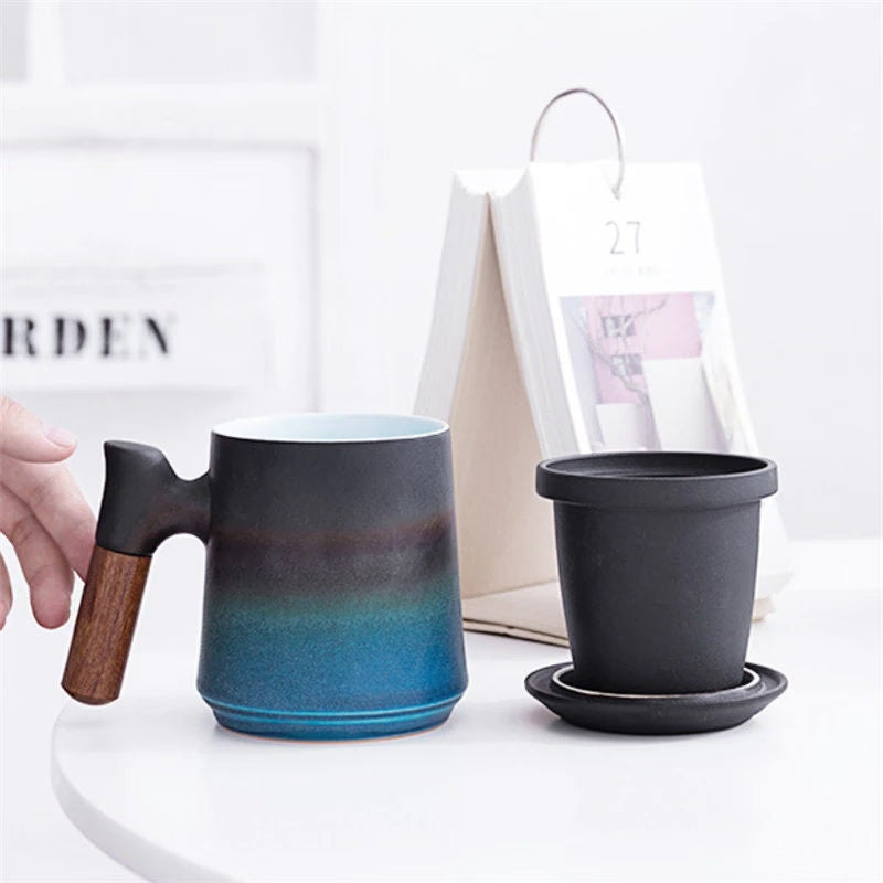 ACACUSS Japanese Ceramic Tea mug Set with Infuser and Lid Handmade Personalization Wooden Handle Filtered Tea Mountain Pottery Tea mug 450ml - ACACUSS