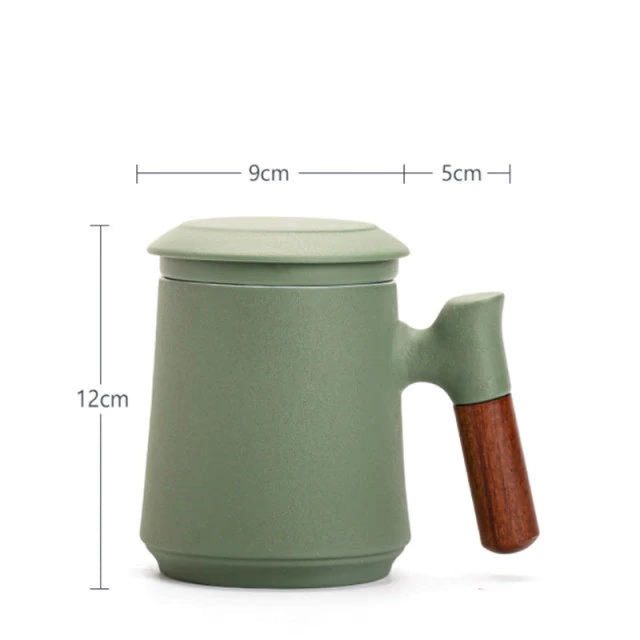 ACACUSS Japanese Ceramic Tea mug Set with Infuser and Lid Handmade Personalization Wooden Handle Filtered Tea Mountain Pottery Tea mug 450ml - ACACUSS