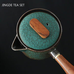 Japanese Ceramics Tea Pot Retro Kiln Alteration Solid Wood Handle Filter Teapot Household Porcelain Beauty Kettle Tea Set acacuss