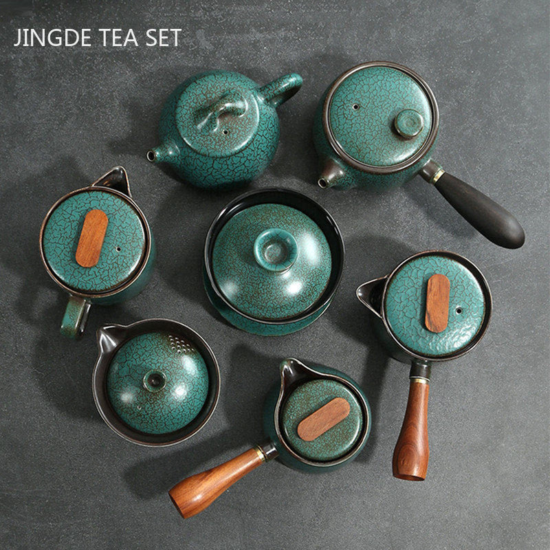 Japanese Ceramics Tea Pot Retro Kiln Alteration Solid Wood Handle Filter Teapot Household Porcelain Beauty Kettle Tea Set acacuss