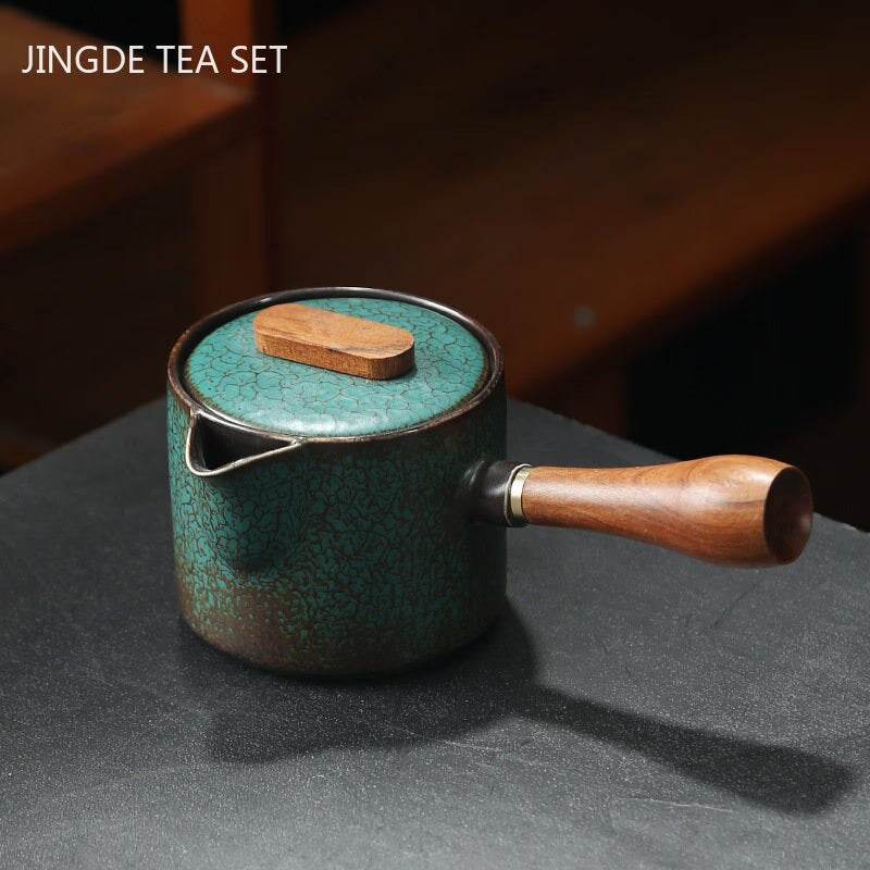 Japanese Ceramics Tea Pot Retro Kiln Alteration Solid Wood Handle Filter Teapot Household Porcelain Beauty Kettle Tea Set acacuss