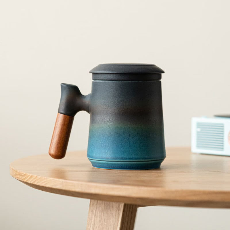 ACACUSS Japanese Ceramic Tea mug Set with Infuser and Lid Handmade Personalization Mountain Pottery  Tea mug 450ml - ACACUSS
