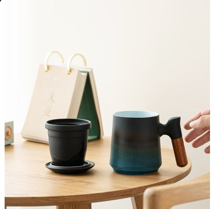 ACACUSS Japanese Ceramic Tea mug Set with Infuser and Lid Handmade Personalization Mountain Pottery  Tea mug 450ml - ACACUSS