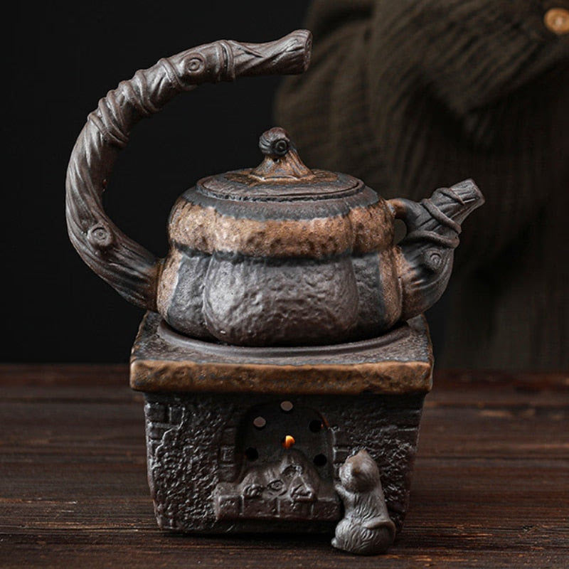 Japanese Handmade Stoneware Teapot Tea Pot Gilt Pumpkin Lifting Beam Pot Candle Warm Teapot Set Infuser Teaware Kitchen Dining acacuss