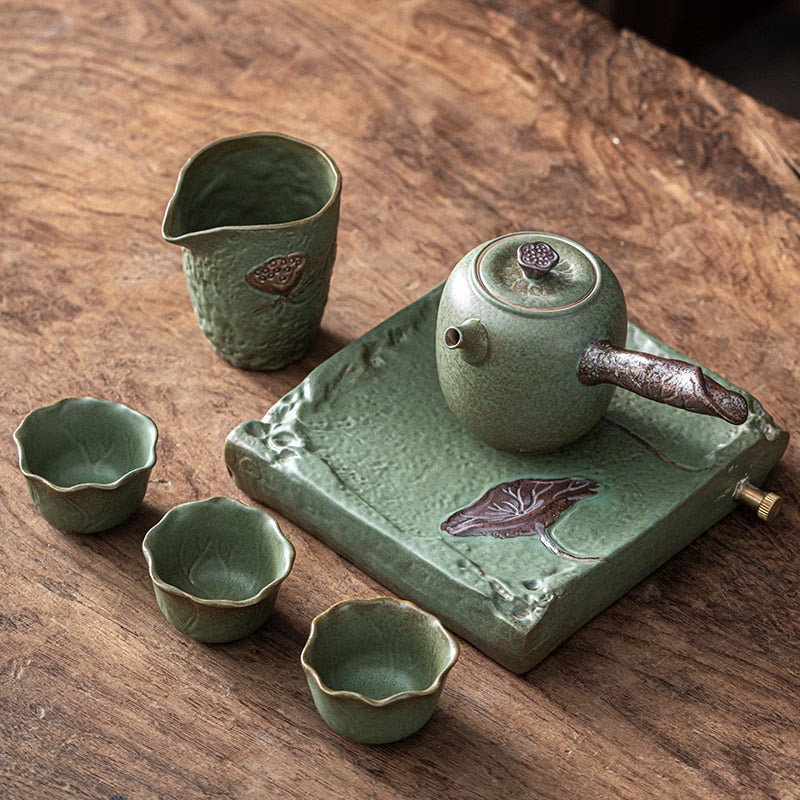 Japanese Kung Fu Tea Set Home Ceramic Teacup Teapot Rough Pottery Simple Portable Travel Tea Set Tea Pot and Cup Set acacuss